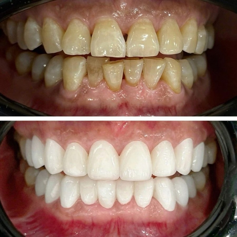 Before and after full-arch porcelain veneers